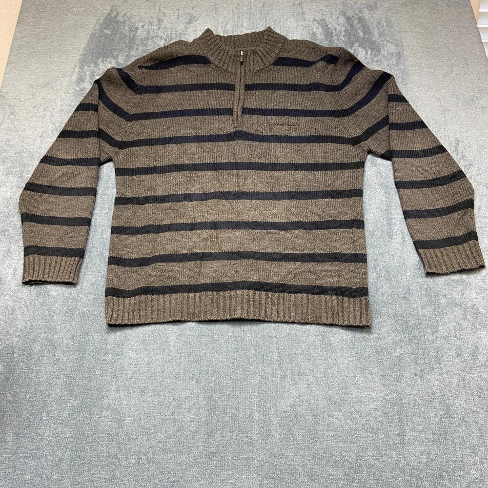 Pierre Cardin Sweater Mens XL Blue Gray Striped Acrylic Quarter Zip Tight Knit